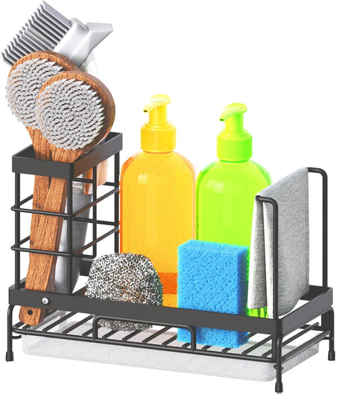 Kitchen Sink Organizer, Multifunctional Rustproof Sponge Holder Sink Organizer with Drain Tray & High Brush Holder & Dish Cloth Hanger, Kitchen Si...