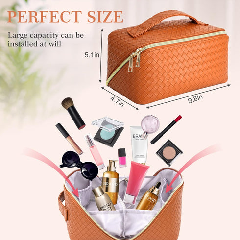 ZAUKNYA Large Capacity Travel Cosmetic Bag - Makeup Bag, Portable Leather Waterproof Women Organizer, with Handle and Divider Flat Lay Bags (Brown...