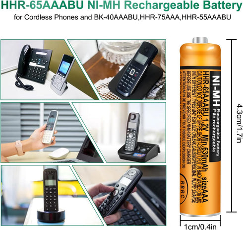 4 Pack HHR-65AAABU NI-MH Rechargeable Battery for Panasonic 1.2V 630mAh AAA Battery for Cordless Phones...