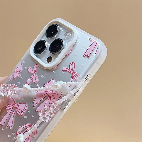 Aesthetic Bow Phone Case for Women Girls Cute Pink Ribbon Bow Phone Case for iPhone 14 with Chain...