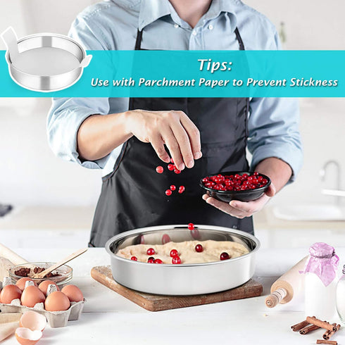 P&P CHEF Cake Pan Set of 2, Stainless Steel Round Baking Layer Cake Pans, Non Toxic & Healthy, Leak-proof & Easy Clean, Mirror Finish & Easy Relea...