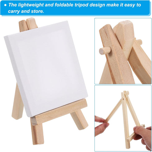PATIKIL 3" x 3" Canvas Easel Set, 6 Set Mini Stretched Display Canvases Panel Board with Portable Tripod Wooden Holder Stand for Drawing Painting ...