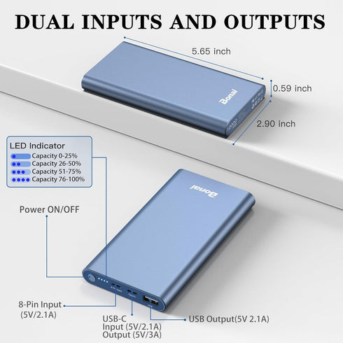 BONAI Portable Charger 12,000mAh 5V/3A Fast Charging Power Bank, Dural Input & Output Ports (USB-C in & Out) Portable Phone Charger for iPhone 15/...