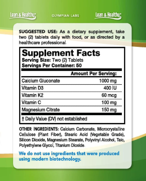Olympian Labs Green Calcium Tablets Formulated with K2 & D3, 100 Count Supporting Healthy Bones & Teeth...