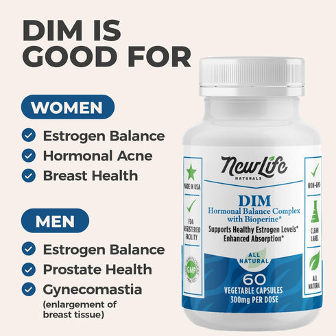 NewLife Naturals DIM Supplement 300mg for Women & Men - Hormonal Acne, Estrogen Balance Pills, Post Menopause Relief | Healthy Estrogen Level | Ho...