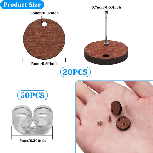 Wood Earring Studs for Jewelry Making,70Pcs Wooden Flat Round Earrings Posts Earring Findings Wood Earring Pin Stud Bulk with Butterfly Earring Ba...