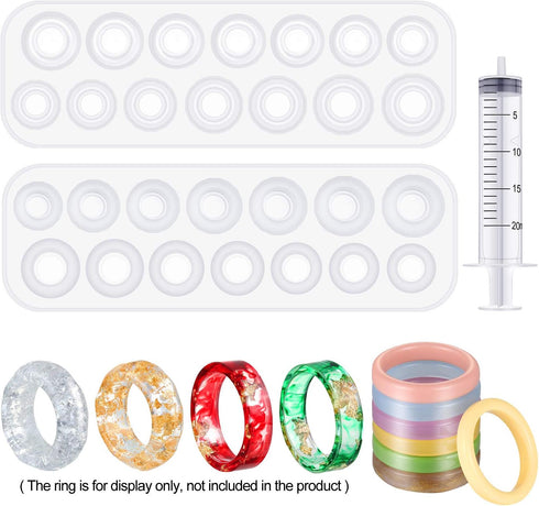 2 Pieces Resin Ring Molds Silicone Ring Molds Assorted Sizes Ring Casting Mold Resin Casting Circle Jewelry Molds with Syringe in 20 ml for DIY Cr...