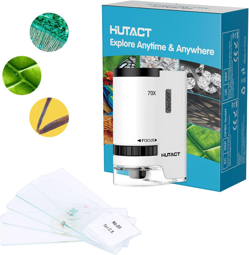 HUTACT 70x Pocket Microscope for Kids, Mini Handheld Portable Microscope with 5 Microscope Slides for Kids Learning, Education...