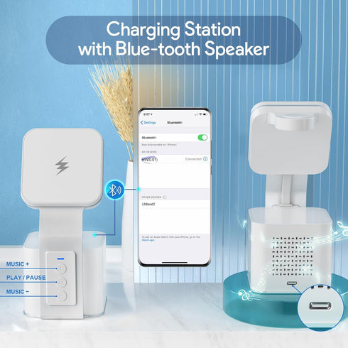 4 in 1 Magnetic Wireless Charging Station - 15W Fast Phone Charger Stand, Blue-Tooth Speaker, Phone and Watch Charger Station for iPhone 15 14 13 ...