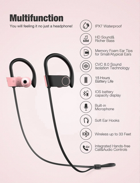 Otium Bluetooth Headphones, Wireless Headphones IPX7 Waterproof Sports Earbuds 15H Playtime with Mic HD Stereo Sound Sweatproof in-Ear Earphoones ...