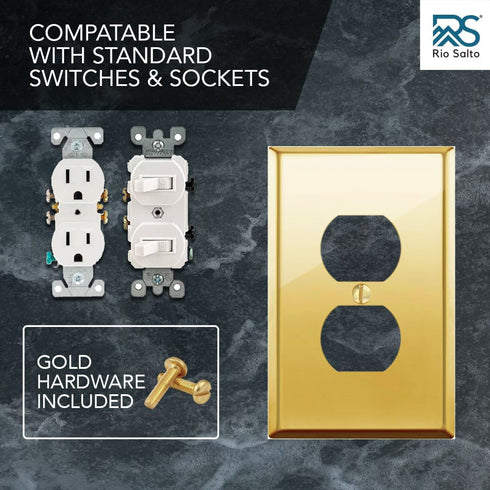 BRASS Duplex Gold Outlet Cover STANDARD SIZE Polished Brass Metal Outlet Cover Wall Plate Duplex Receptacle Wallplate Covers 1-Gang Single Gang, S...