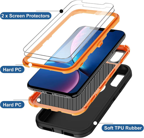 for iPhone XR Case with 2 x Screen Protector, Heavy Duty Shockproof/Drop Proof/Dust Proof 3-Layer Military Protection Full Body Rugged Defender Du...
