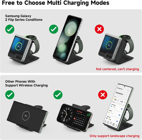 Wireless Charger for Samsung Galaxy Z Flip, 2 in 1 Foldable Travel Fast Wireless Charging Stand for Galaxy Z Flip 6/5/4/3, Galaxy S24 Ultra/S23/S2...