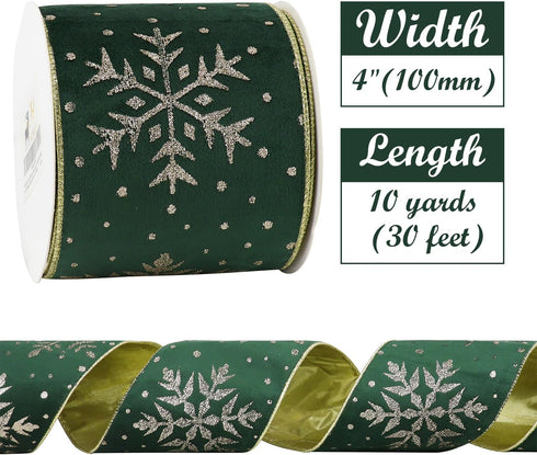 HUIHUANG Snowflake Wired Ribbon 4 inch Green Velvet Ribbon with Gold Glitter Snowflakes for Christmas Trees, Wreaths, Tree Top Bows, Garland, Stai...