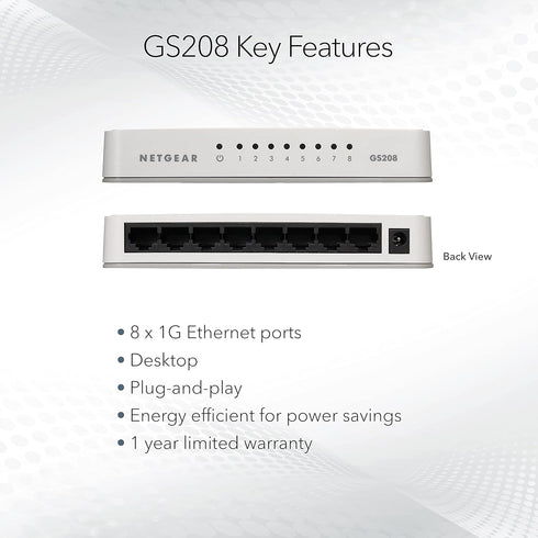 NETGEAR 8-Port Gigabit Ethernet Unmanaged Switch (GS208) - Desktop, Ethernet Splitter, Silent Operation, Plug-and-Play...