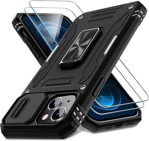 DEERLAMN for iPhone 15 Case with Slide Camera Cover + Screen Protector (2 Packs), Rotated Ring Kickstand Military Grade Shockproof Protective Cove...