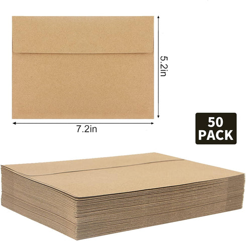 50 Pack Kraft Envelopes,A7 Envelopes,5x7 Envelopes for Invitations,Wedding, Baby Shower,Brown Kraft Envelopes for Personalize Gift Cards, Birthday...