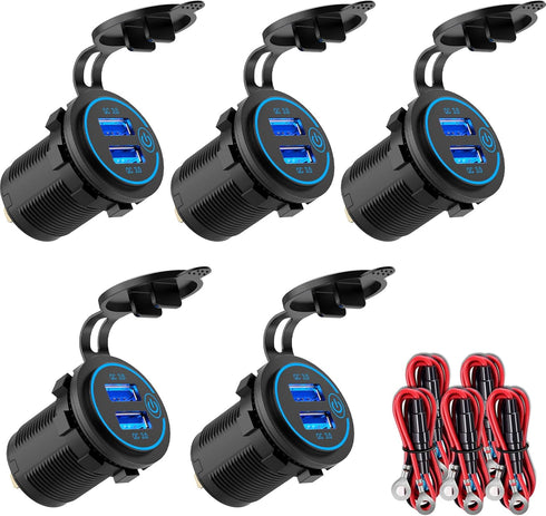 5 Pack Quick Charge 3.0 12V USB Outlet, Qidoe Waterproof QC3.0 Dual USB Power Outlet with Touch Switch Fast Car Charger Socket for 12V-24V Car Gol...