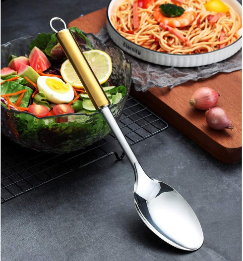 Berglander Solid Spoon, Stainless Steel Gold Handle Solid Cooking Spoon With Titanium Plating, Gold Handle Solid Serving Spoon, Kitchen Spoons, Sp...