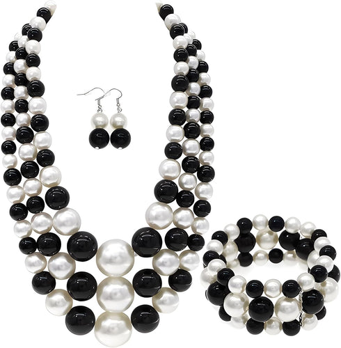 Large Big Pearl Necklace and Earring Set Multi Strand Pearl Necklace Costume Jewelry Chunky Pearls Necklaces for Women...