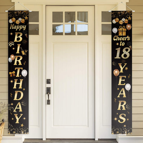 Happy Birthday Cheers to 18 Years Black Gold Yard Sign Door Banner 18th Birthday Decorations Party Supplies...
