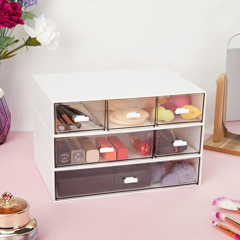 LETURE Stackable Desk Organizer, Plastic Storage Drawer for Office School Home Makeup, Pen Pencils Markers Stationery Supplies Organizers (White -...