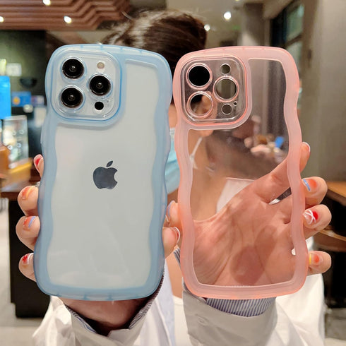 Compatible with iPhone 15 Pro Max Case,Cute Curly Wave Matte Frame Edge Soft Shockproof Protective Cases Clear Cover for Women Girls (Sierra Blue)...