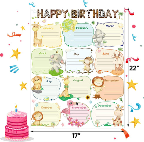 Fancy Land Happy Birthday Poster Chart Safari Animal for Classroom Bulletin Board Decorations 17” x 22”...