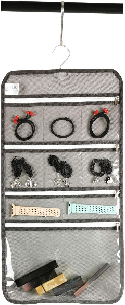 Travel Foldable Jewelry Rolls Bag Hanging Jewelry Organizer with 9 Zippered Clear Pockets Storage Pouch with Rotatable Hanger (GREY)...