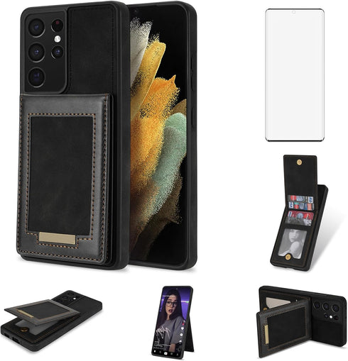 Asuwish Phone Case for Samsung Galaxy S21 Ultra 5G Wallet Cell Cover with Tempered Glass Screen Protector and RFID Slim Credit Card Holder Slot St...
