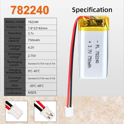 3.7V 750mAh 782240 Lipo battery Rechargeable Lithium Polymer ion Battery Pack with JST Connector...
