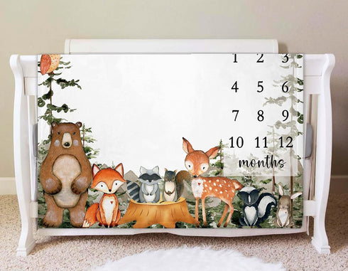 Woodland Baby Milestone Blanket with Birth Stat Sign, Forest Baby Growth Chart Monthly Blanket, Watch Me Grow Woodland Animals Baby Nursery for Ne...