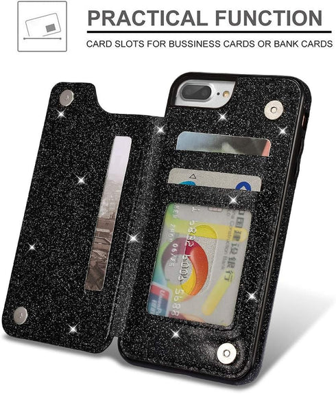 UEEBAI Case for iPhone 7 Plus 8 Plus, Premium Glitter PU Leather Case Back Wallet Cover with Two Magnetic Clasp, Card Slots, Stand Function, Durab...