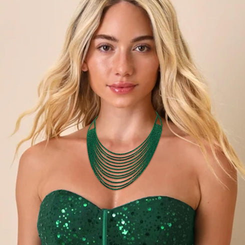 Flyonce Multi Layered Choker Collar Necklace, Glitter Green Rhinestone Crystal Tassel Multi-Strand Fringe Chains Bib Statement Necklace Prom Jewel...