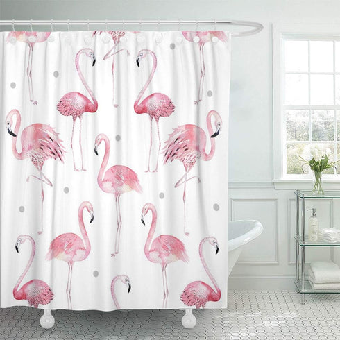 ArtSocket Shower Curtain Watercolor Bath Pink Flamingos Grey Polka Dots Chic Tropical Home Bathroom Decor Polyester Fabric Waterproof 72 x 72 Inch...