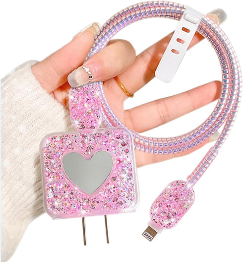 DIY Cable Protector Compatible for Apple iPhone Charger with Mirror,Cute Glitter Bling Love Heart Design,Data Line USB Case Wire Cable Saver Phone...