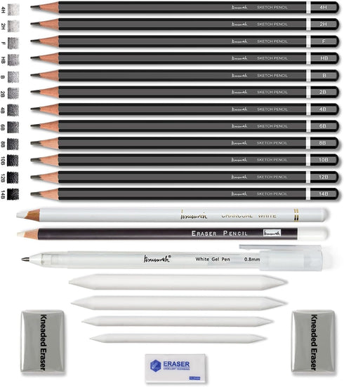 Drawing Sketching Pencil Set - 22 Piece Graphite Pencils, White Gel Pen, White Charcoal Pencils, Eraser Pencils, Erasers, Blending Stumps for Draw...