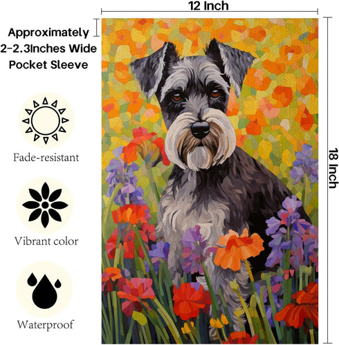 Schnauzer Welcome Spring Garden Flag 12x18 Double Sided, Burlap Small Daisy Pansy Flower Garden Yard House Flags Outside Outdoor Summer Porch Lawn...