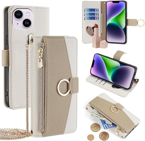 Asuwish Phone Case for iPhone 14 Plus 6.7 inch Wallet Cover with Screen Protector and Mirror Flip Cover Ring Card Holder Crossbody Strap Cell i-Ph...