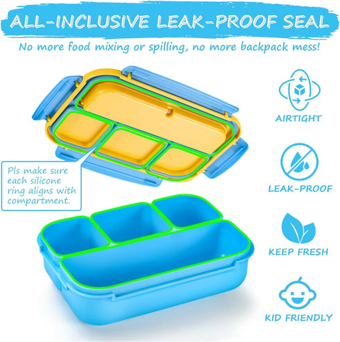 Bento Lunch Boxes with 4 Compartments, Sauce Container, Utensils, Food Picks and Muffin Cups for School or Adults, Blue...