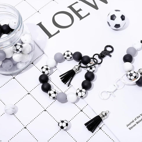 JarThenaAMCS Soccer Silicone Beads for Keychain Making Kit with 114Pcs 15mm Black White Gray DIY Silicone Beads Tassels Key Rings for Home Office ...