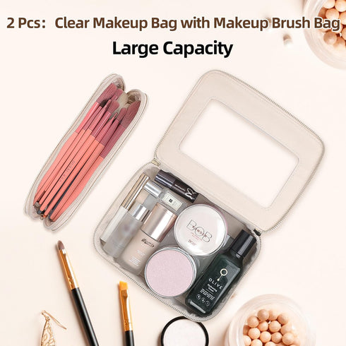Clear Makeup Bag with Makeup Brush Bag,Double Sided Clear Toiletry Bag for Women,Portable Travel Cosmetic Bag,Makeup Case with Zipper,Leather Make...