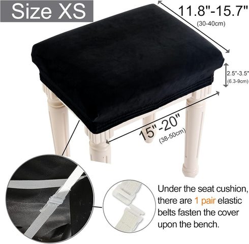 SINOSSO Soft Velvet Vanity Bench Cover, (15"- 19.5") L x (11.8"- 15.7") W Stretch Washable Rectangle Saddle Bar Stool Slipcover, (XS, Black)...