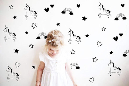 Unicorn Rainbow Star Heart Wall Decal,Removable Vinyl Wall Stickers for Baby Kids Boys Girls Bedroom Nursery Decor A13 (Black)...