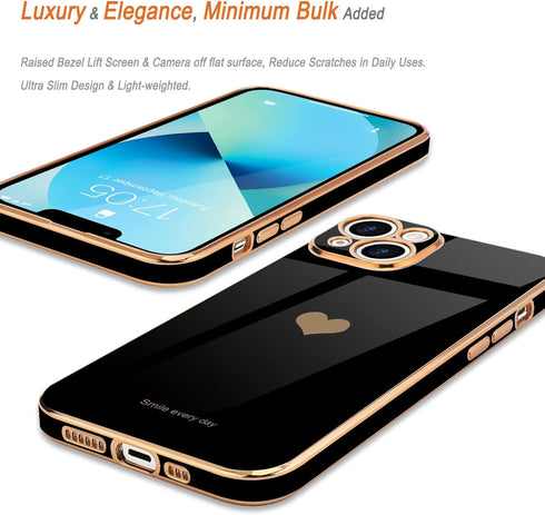 Teageo Compatible with iPhone 13 Case for Women Girl Cute Love-Heart Luxury Bling Plating Soft Back Cover Raised Full Camera Protection Bumper Sil...