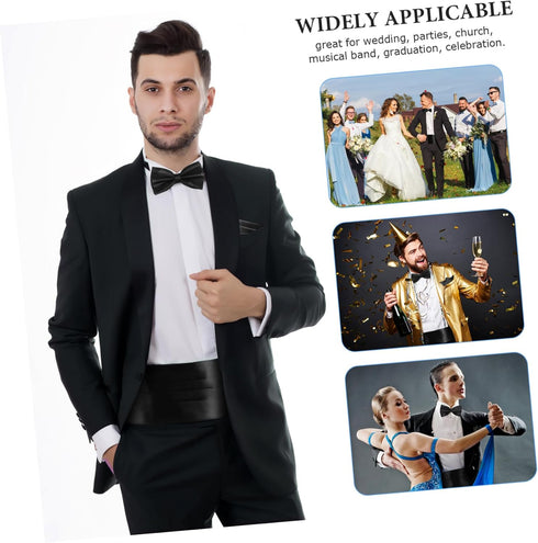 Mens Cummerbund and Bow Tie Set Pocket Square Bow Tie Black Mens Formal Satin Bowtie and Cummerbund Set Gentlemen Suit Accessories for Business We...