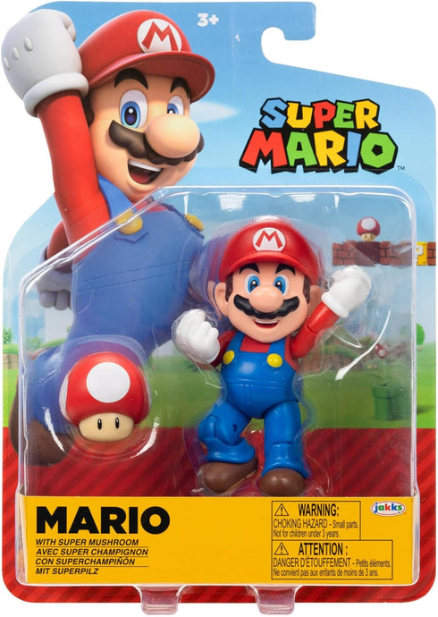 Super Mario Nintendo 4-Inch Mario Poseable Figure with Power up Mushroom Accessory. Ages 3+ (Officially licensed)...