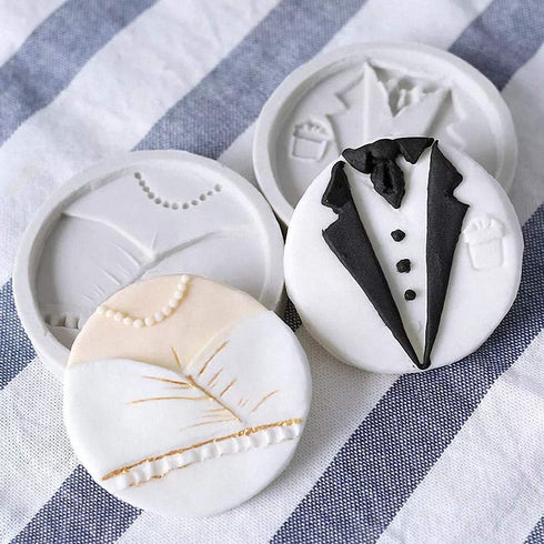 Bride and Groom Fondant Mold Set - Tuxedo Wedding Dress Cake Topper Decorating Chocolate Candy Polymer Clay Resin Epoxy Mold (Pink/Gray)...