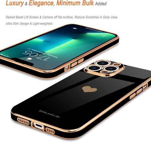 Teageo for iPhone 13 Pro Case for Women Girl Cute Love-Heart Luxury Bling Plating Soft Back Cover Raised Full Camera Protection Bumper Silicone Sh...