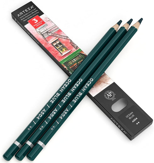 Arteza Professional Watercolor Pencils, Pack of 3, A504 Ocean Blue, Water-Soluble Pencils for Coloring, Blending, Layering & Watercolor Techniques...
